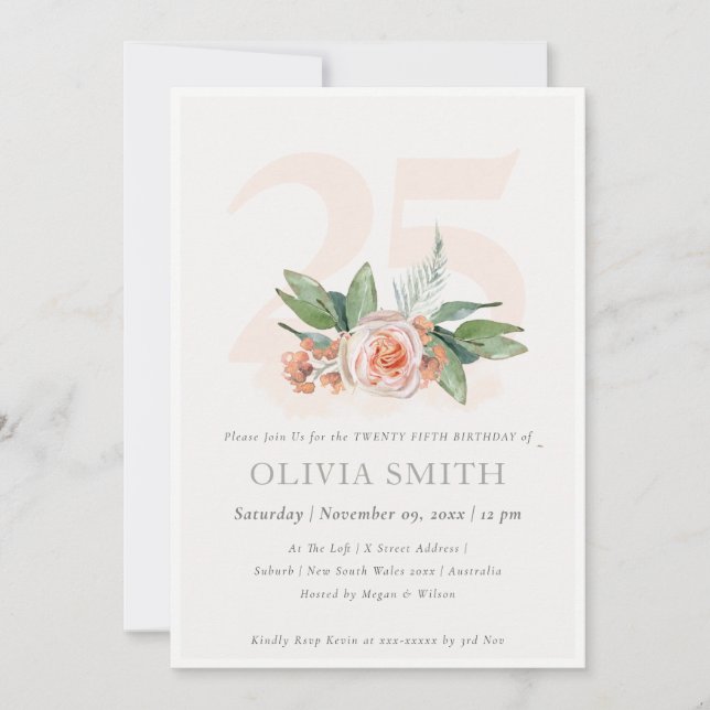 Pastel Peach Rose Floral Bunch 25 Birthday Invite (Front)