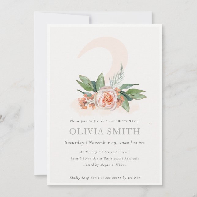 Pastel Peach Rose Floral Bunch 2nd Birthday Invite (Front)