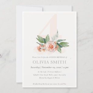Pastel Peach Rose Floral Bunch 4th Birthday Invite