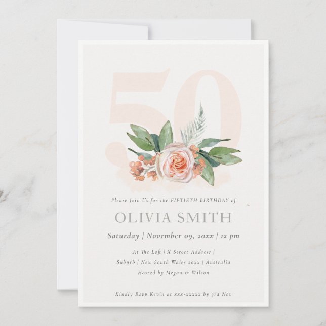 Pastel Peach Rose Floral Bunch 50 Birthday Invite (Front)