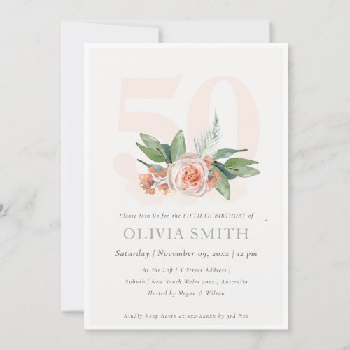Pastel Peach Rose Floral Bunch 50 Birthday Invite