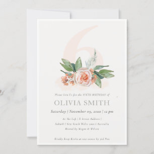 Pastel Peach Rose Floral Bunch 6th Birthday Invite