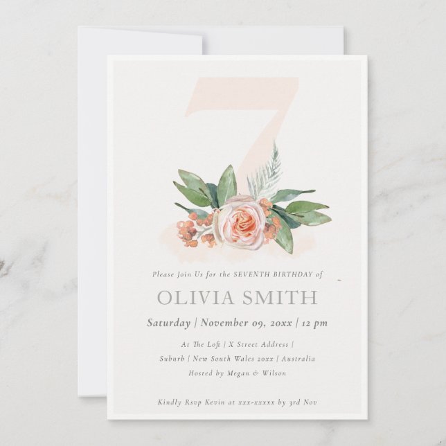 Pastel Peach Rose Floral Bunch 7th Birthday Invite (Front)