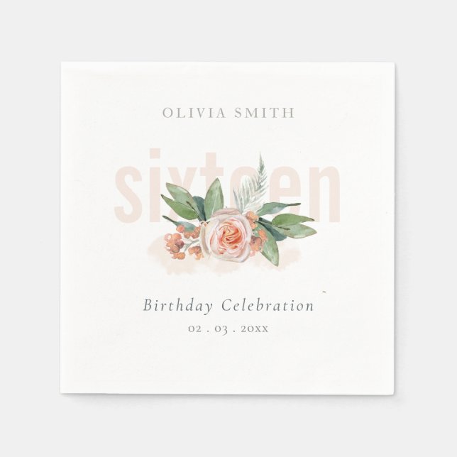 Pastel Peach Rose Floral Bunch Any age Birthday Napkins (Front)