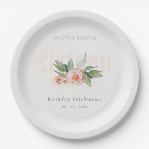 Pastel Peach Rose Floral Bunch Any age Birthday Paper Plates