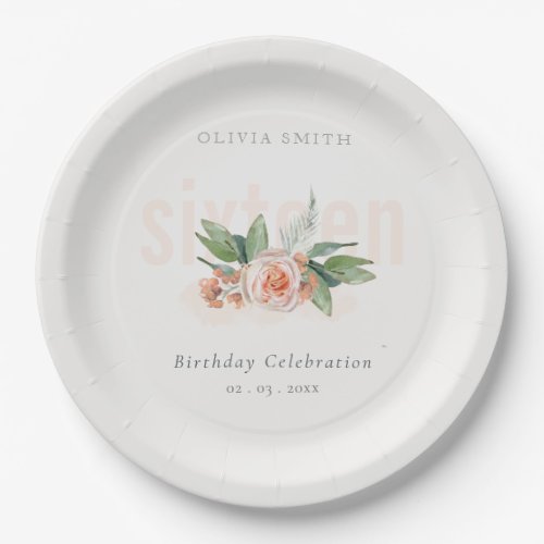 Pastel Peach Rose Floral Bunch Any age Birthday Paper Plates