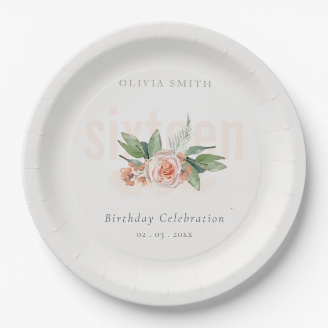 Pastel Peach Rose Floral Bunch Any age Birthday Paper Plates (Front)
