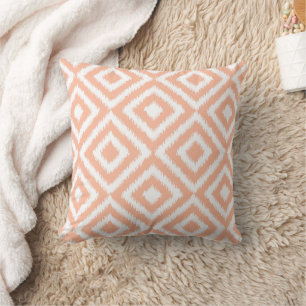 Pastel Peach White Ikat Square Mosaic Art Pattern Throw Pillow