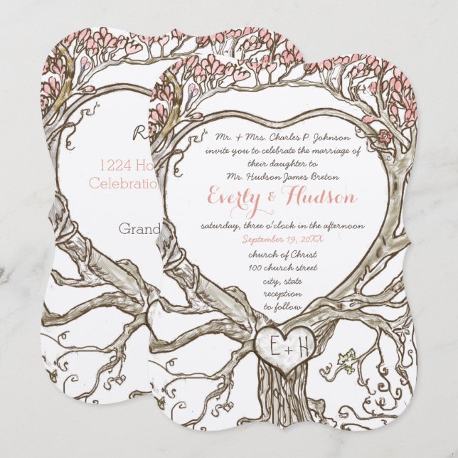 Pastel Peachy Coral Blush Pink Boho Heart Shaped Invitation (Front/Back)