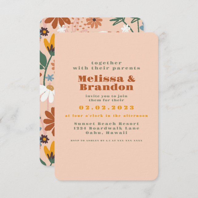 Pastel Peachy Retro 70s Wedding Invitation (Front/Back)