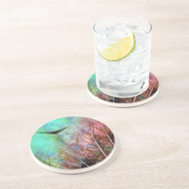 Pastel Peacock Feathers Drink Coaster (Side)