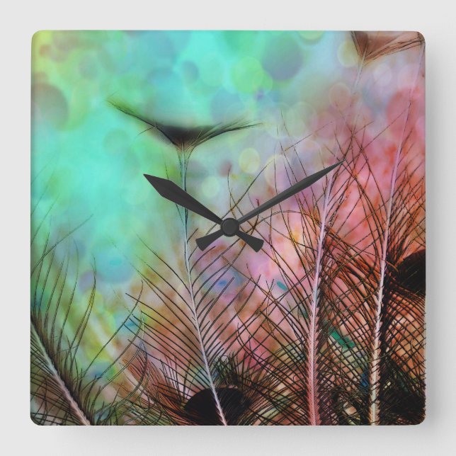Pastel Peacock Feathers Square Wall Clock (Front)
