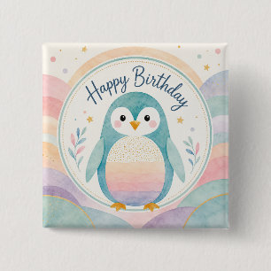 Pastel Penguin Rainbow Birthday Celebration Button