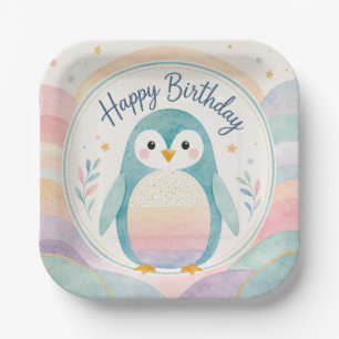 Pastel Penguin Rainbow Birthday Celebration Paper Plates