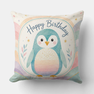 Pastel Penguin Rainbow Birthday Celebration Throw Pillow