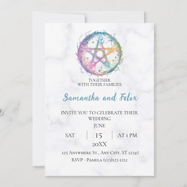 Pastel Pentacle Celestial Witchy Marble Wedding Invitation (Front)