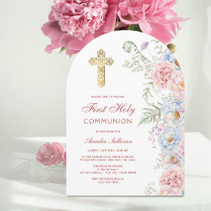 Pastel Peonies Arch First Communion Invitation