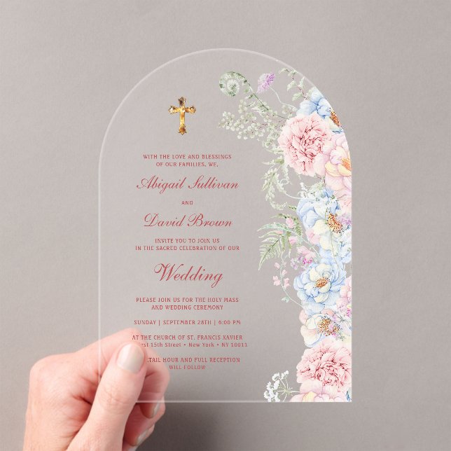 Pastel Peonies Arch Religious Wedding Acrylic Invitations (Insitu (Handheld))