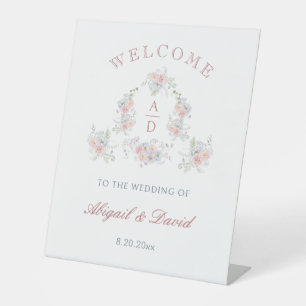 Pastel Peonies Frame Wedding Monograms Welcome Pedestal Sign