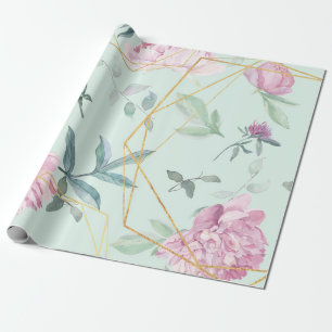 Pastel Peonies Geometric Floral Wedding Wrapping Paper