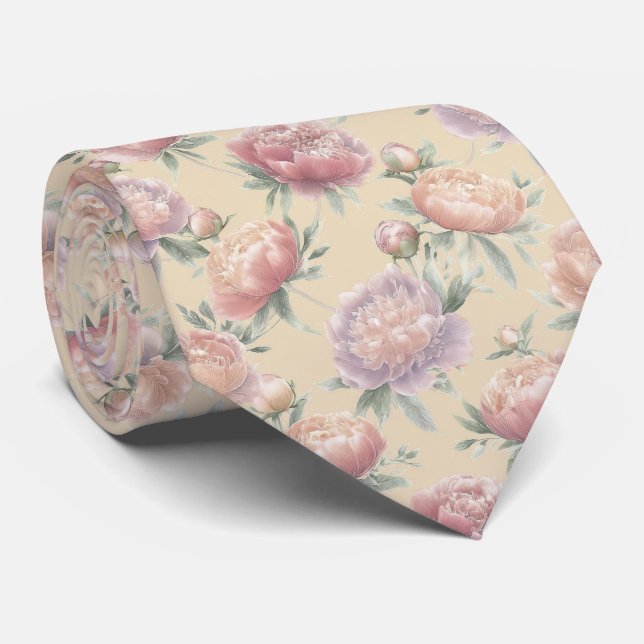 Pastel Peony Blossom Pattern Neck Tie (Rolled)