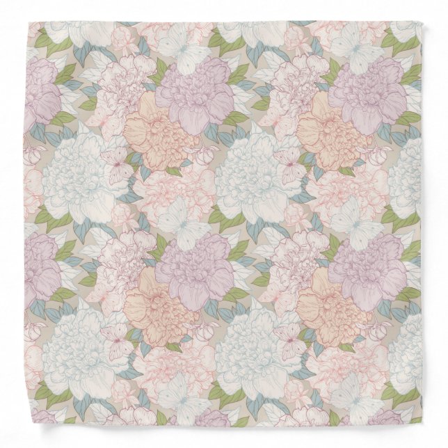 Pastel Peony & Butterfly Flower Pattern Bandana (Front)
