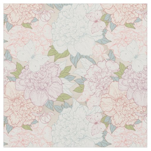Pastel Peony & Butterfly Flower Pattern Fabric