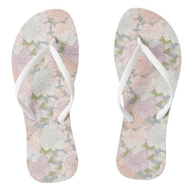 Pastel Peony & Butterfly Flower Pattern Flip Flops (Footbed)