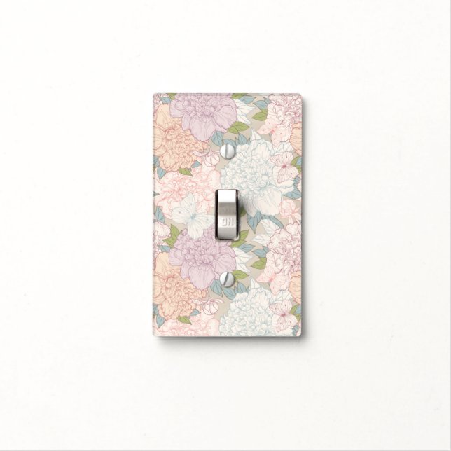 Pastel Peony & Butterfly Flower Pattern Light Switch Cover (In Situ)