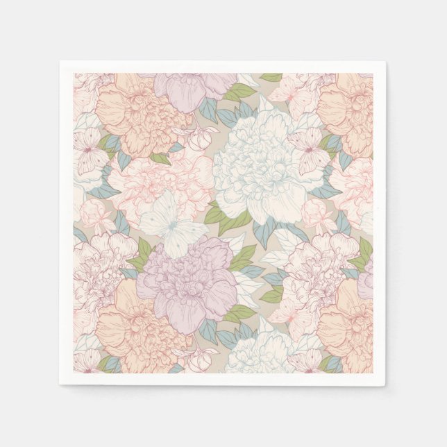 Pastel Peony & Butterfly Flower Pattern Napkins (Front)