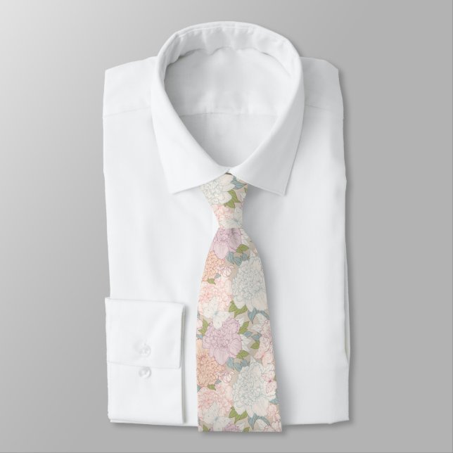 Pastel Peony & Butterfly Flower Pattern Neck Tie (Tied)