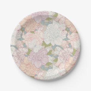 Pastel Peony & Butterfly Flower Pattern Paper Plates