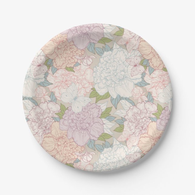 Pastel Peony & Butterfly Flower Pattern Paper Plates (Front)