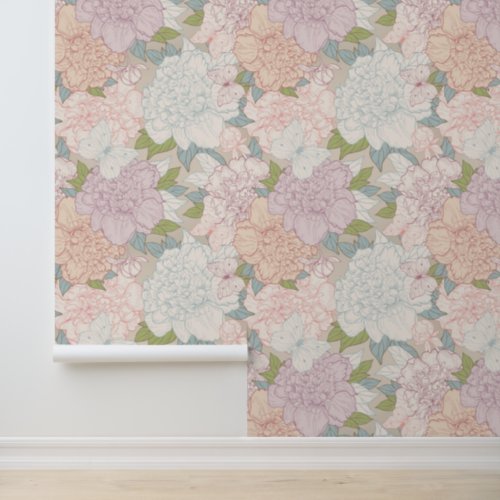 Pastel Peony  Butterfly Flower Pattern Wallpaper