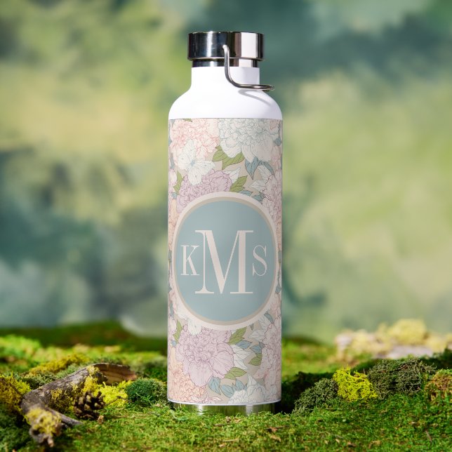Pastel Peony & Butterfly Flower Pattern Water Bottle (Outdoor)