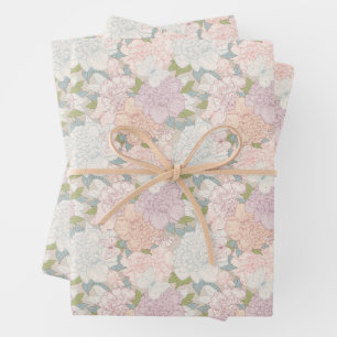 Pastel Peony & Butterfly Flower Pattern Wrapping Paper Sheets
