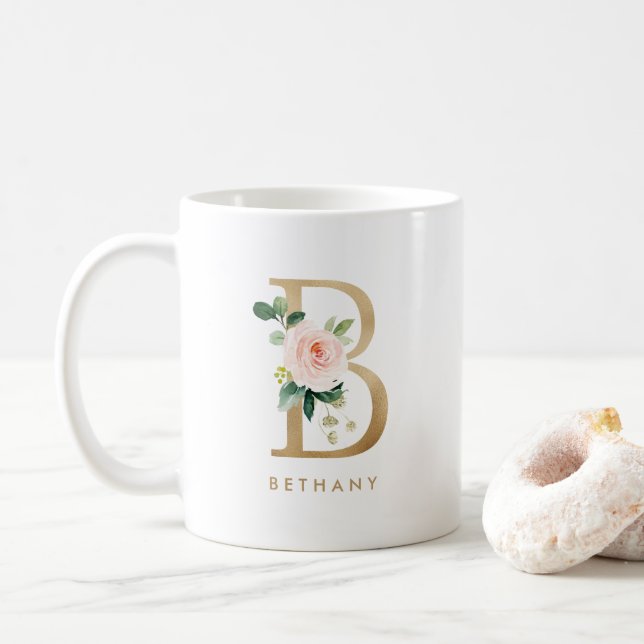 Pastel Peony Floral Letter B Gold Foil Monogram Coffee Mug (With Donut)