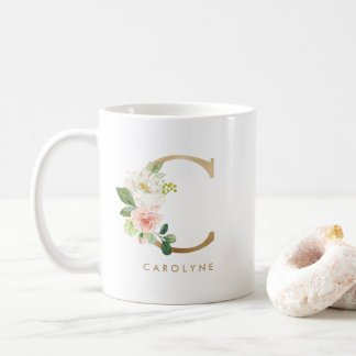 Pastel Peony Floral Letter C Gold Foil Monogram Coffee Mug
