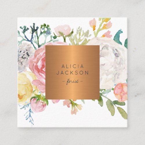 Pastel peony roses rose gold copper label florist square business card