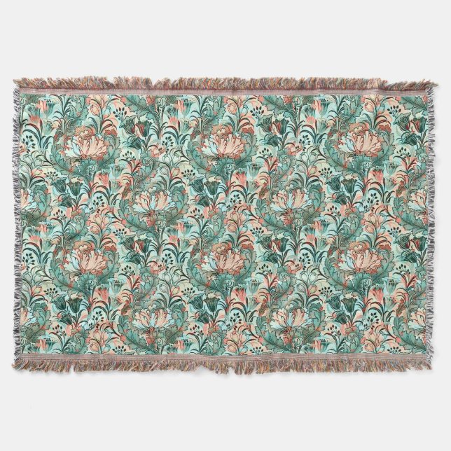 Pastel Peony Tulip Crocus William Morris Pattern Throw Blanket (Front)