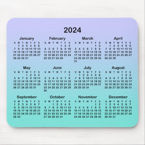 Pastel Periwinkle Light Turquoise 2024 Calendar Mouse Pad