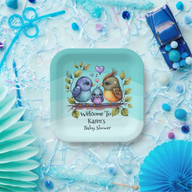 Pastel Personalized Baby Bird Shower Paper Plates (Party)