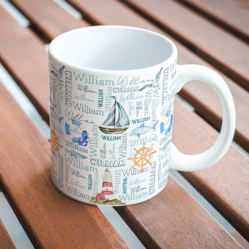 Pastel personalized name nautical marine sailing coffee mug