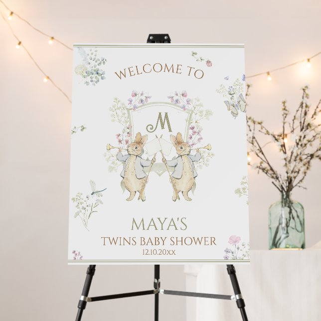 Pastel Peter the Rabbit Twins Baby Shower Welcome  Foam Board (In Situ (Stand))