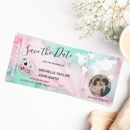 Pastel Photo Save the Date Boarding Pass World Map Invitation