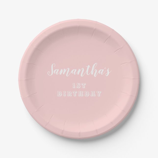 Pastel Pink 1st Birthday Script Paper Plates (Front)