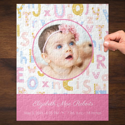 Pastel Pink ABC Birth Record Stat Baby Girls Photo Jigsaw Puzzle