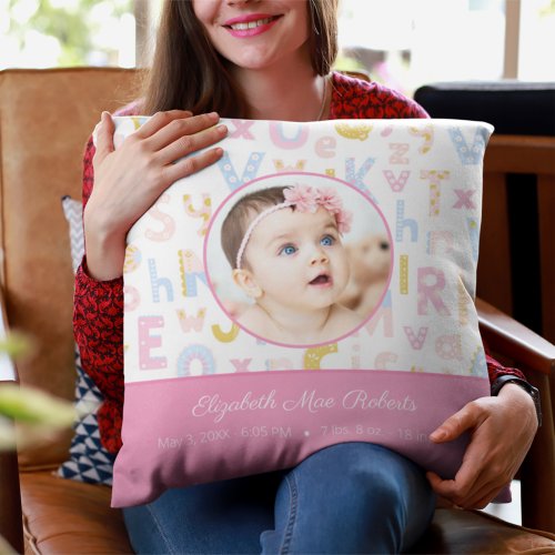 Pastel Pink ABC Birth Record Stat Baby Girls Photo Throw Pillow