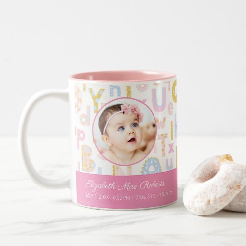 Pastel Pink ABC Birth Record Stat Baby Girls Photo Two_Tone Coffee Mug