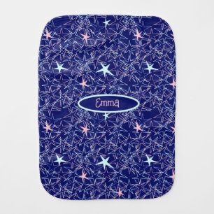 Pastel pink and aqua stars on a dark blue baby burp cloth